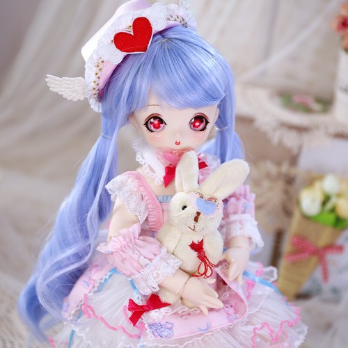 1/4 BJD Doll 40cm Height Girl Doll with Pink Dress Red Eyes Blue Hair Wig Kawaii - Picture 2 of 7
