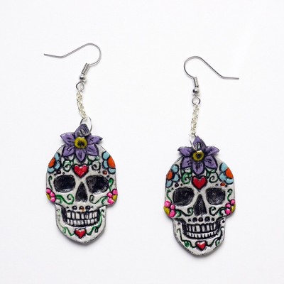 Handmade Leather Sugar Skull Day Of The Dead Earrings