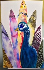 Watercolour & Ink 6.5"x4" Fun Peacock Original Painting Vicki 2024