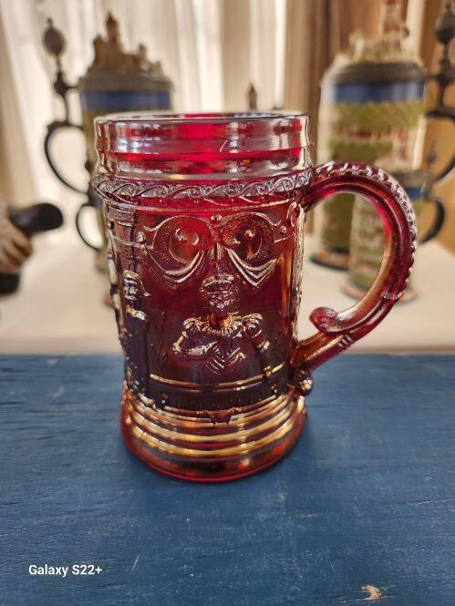 Greentown Westmoreland Red Carnival Glass Stein Troubadour Decor D001
