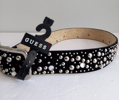 GUESS Leather Studded Rhinestone Western Belt Size M 32  Black Bling
