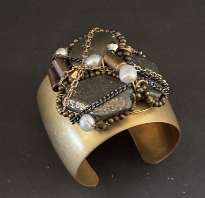 Vintage ARTISAN Made Brass MODERNIST CUFF Bracelet PYRITE STONE PEARL CHAINS
