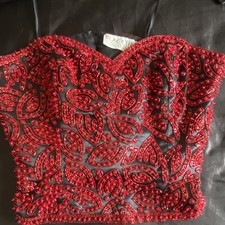 Blacktie Oleg Cassini Silk Beaded Paisley Bustier Top Red/Black Women L