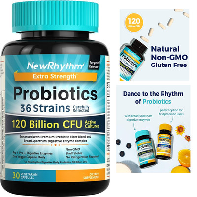 NewRhythm Probiotics 120 Billion CFU 36 Strains, 3-in-1 Probiotics with Prebioti
