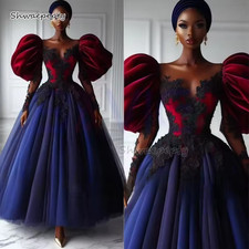 Ankle-Length Classic Wedding Dresses With Puff Sleeves Lace Appliques Burgundy