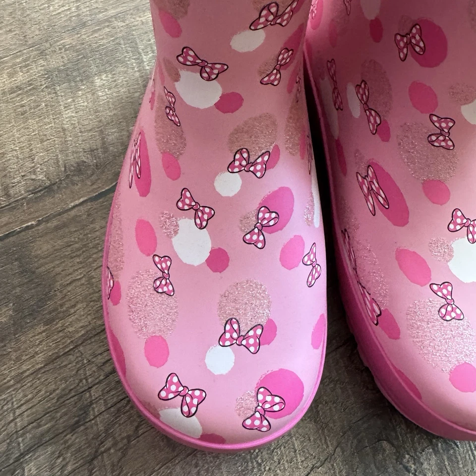 Western Chief Girls Rain Boots Disney Minnie Dizzy Dots Pink Faux Fur Lined 13/1 - Image 2 of 4