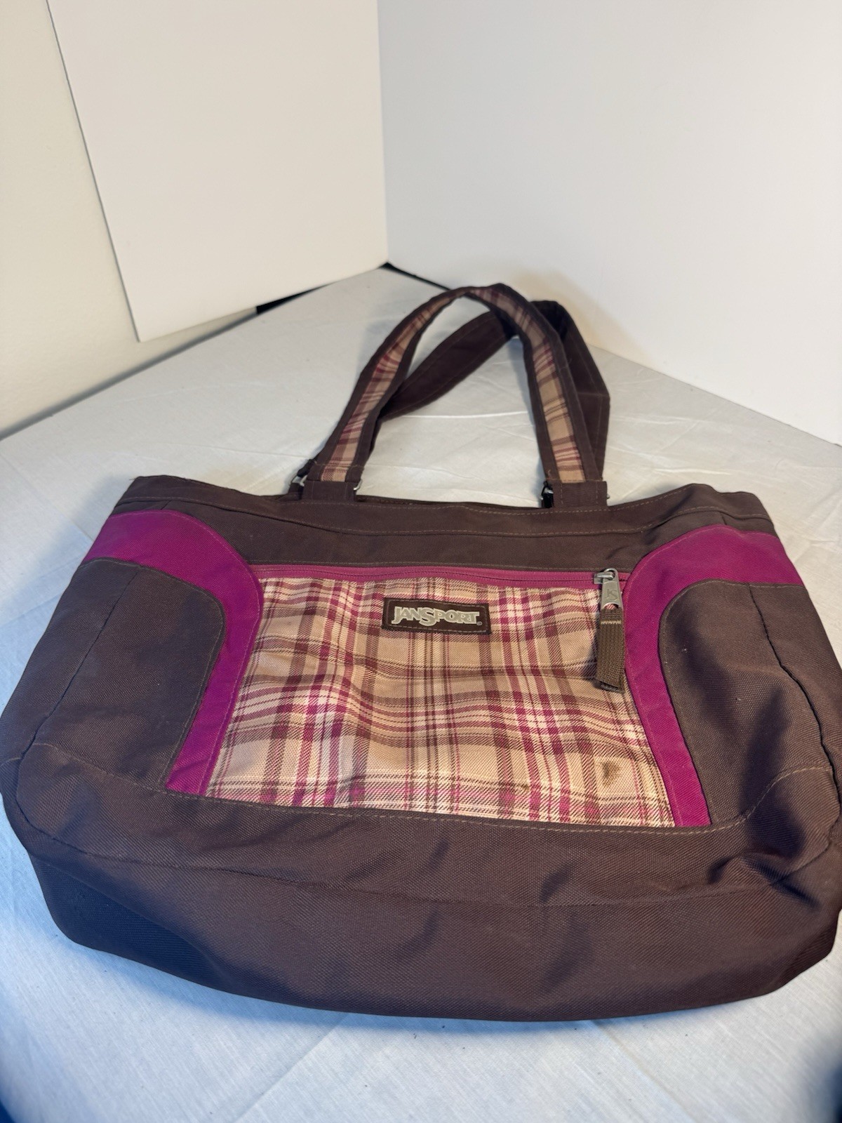 JanSport Women's Plaid Tote Bag Purple Brown Nylon Zipper in