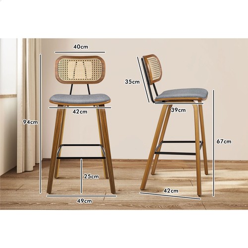 ALFORDSON 4x Bar Stools Kitchen Vintage Fabric Seat Rattan Chair Wooden Grey - Picture 9 of 11