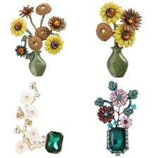Large Vintage Crystal Rhinestone Flowers in A Green Vase Brooches Pins for Women