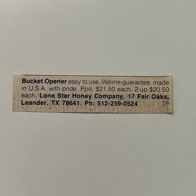 Lone Star Honey Company Bucket Opener Leander TX 1985 Beekeeping Ad SAJ3-S15
