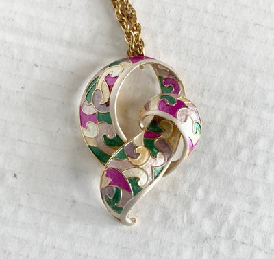 Vintage Eisenberg Modernist Pendant Necklace Unsigned Enamel Gold Tone Chain