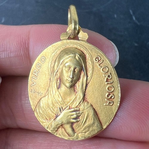 French Dropsy Virgo Gloriosa 18K Yellow Gold Virgin Mary Medal Pendant - Picture 6 of 14