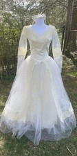 Vtg Wedding Dress Tulle Small Ivory Victorian Lace Gown Sleeves W/ Crown B