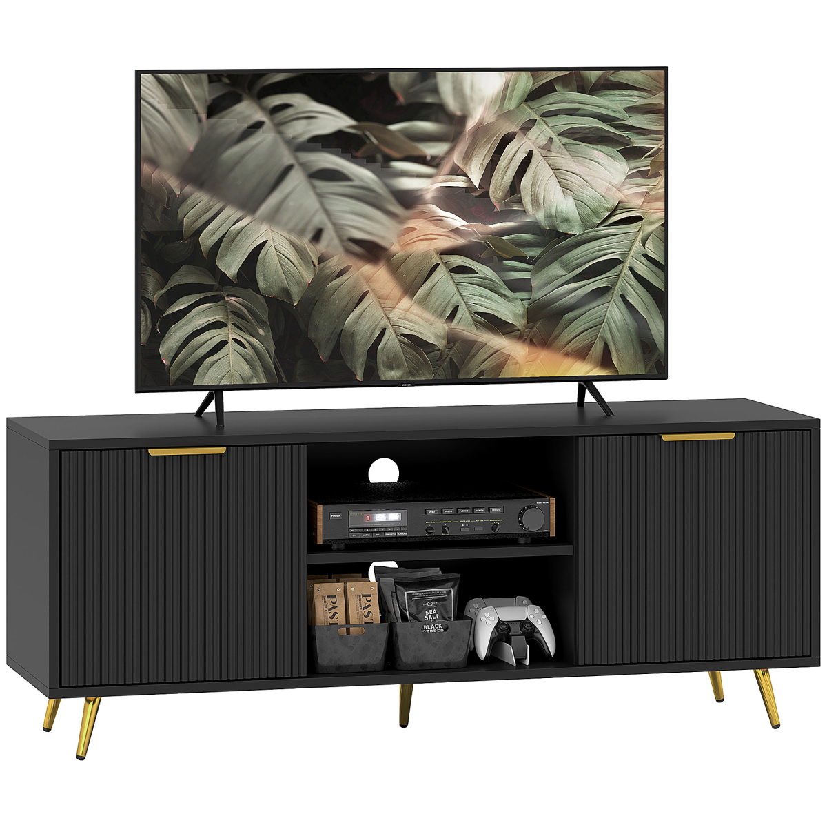 Rackhams Black Modern Tv Stand Cabinet For Tvs Up To 55", 2 Open Shelves & 2 Cabinets, Entertainment Centre - Cable Management For Living Room, - Image 2
