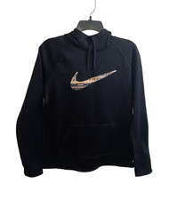 Nike Pullover Hoodie Womens Medium Black Therma-Fit Drawstring Swoosh Logo