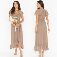 Show Me Your Mumu Jess Dress Small Dune Faux Wrap Ruffle Midi Wedding Bridesmaid