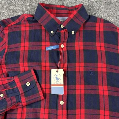 El Ganso Shirt Mens Medium Red Navy Plaid Slim Fit Button Down Cotton Casual