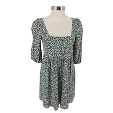 American Eagle Babydoll Dress Green 90s Floral Puff 3/4 Sleeve Tasseled Back XS