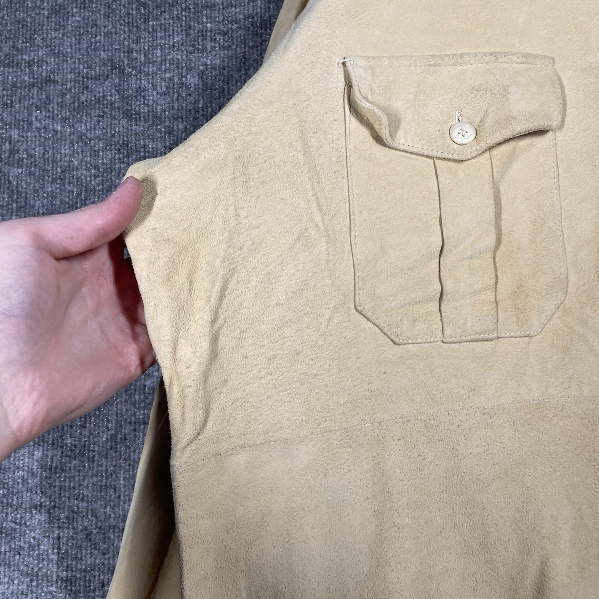 VINTAGE Polo Ralph Lauren Suede Leather Work Shirt XL Beige Button 