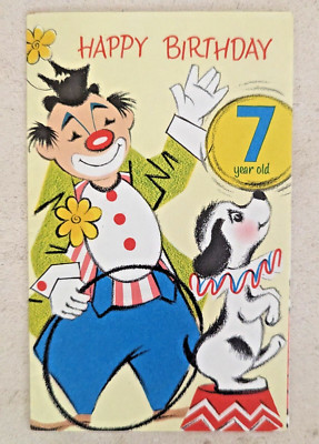 Vintage 1962 Clown Age 7 Seven Puppy Dog Birthday 1960's Greeting Card (EB9840)