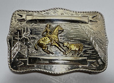 Small Western Belt Buckle - Calf Roping Scene Cowboy and Horse