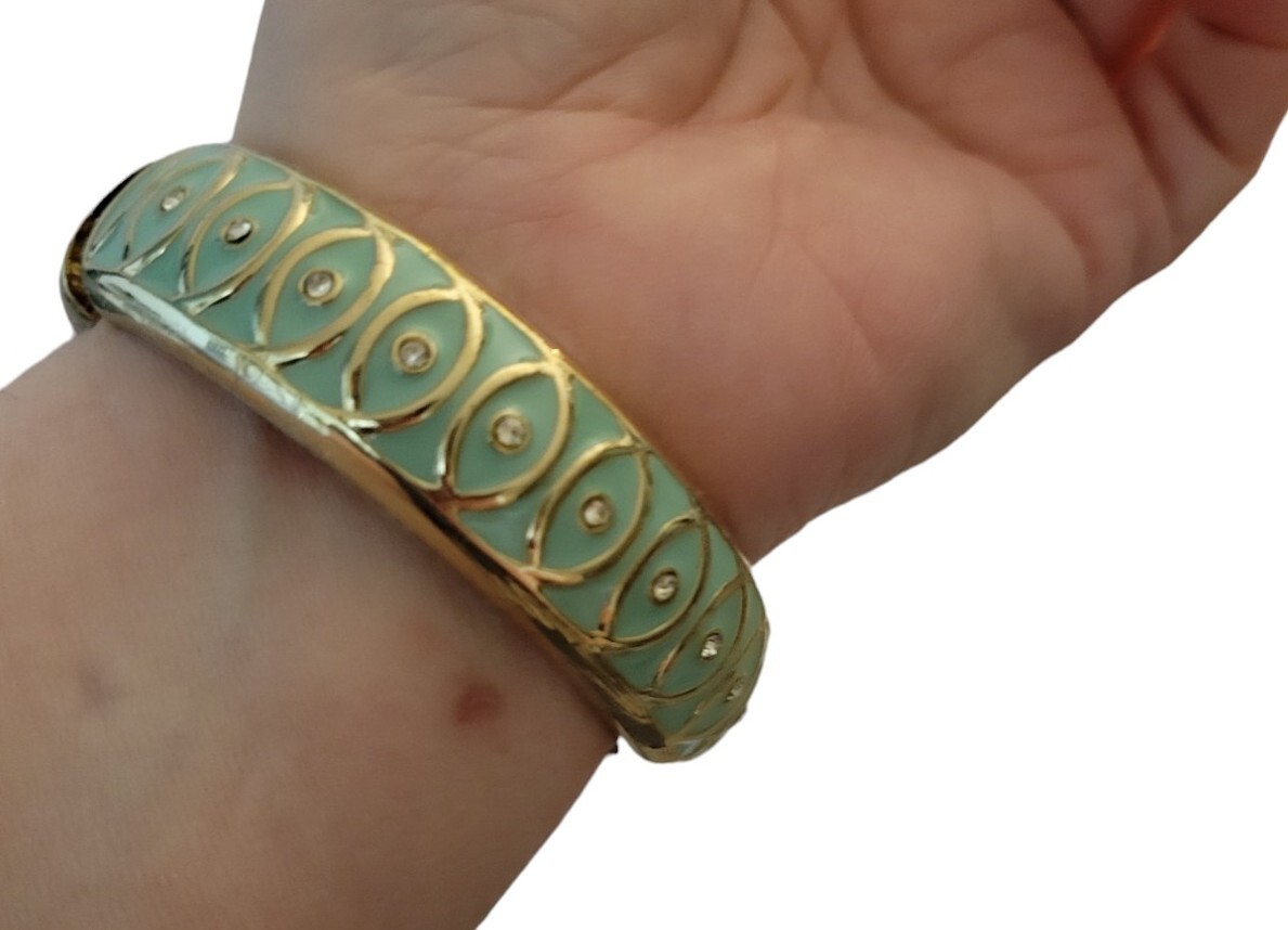 Sage Green Swirl Pattern Crystal Bracelet Clamper Hinged Silvertone View 4