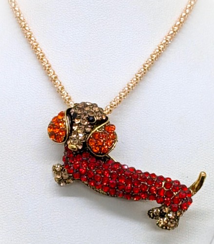 Cute! Betsey Johnson Red Orange Brown Crystal Dachshund Dog Brooch Necklace! - Picture 5 of 16
