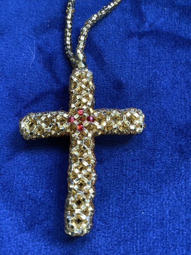 Vtg Beaded Cross Necklace 24” Beaded Chain Cross Is 2” Long - Picture 2 of 8