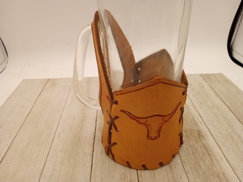 Bicchiere tazza birra cowboy Texas bestiame Longhorn rilegato in pelle 6 1/2" - Foto 4 di 9