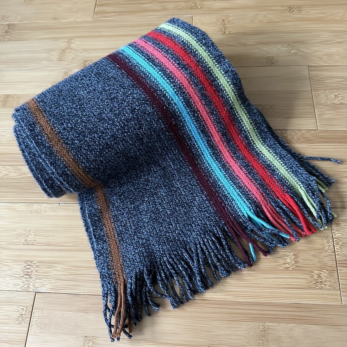 Vintage AGNES B Paris Wool Angora Striped Gray SCARF Knit UNISEX 