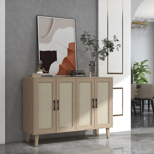 4 Doors Buffet Storage Cabinet with Rattan Decorating Living Room Matt Sideboard - Picture 39 of 48
