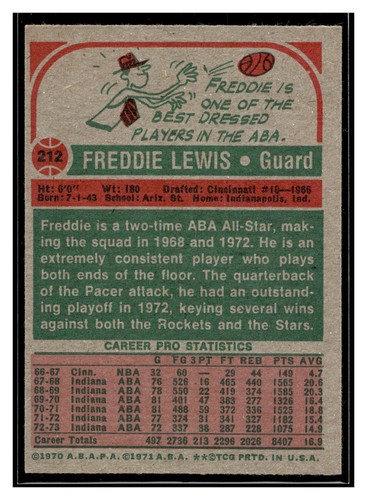 1973-74 Topps #212 Freddie Lewis - Imagen 2 de 2