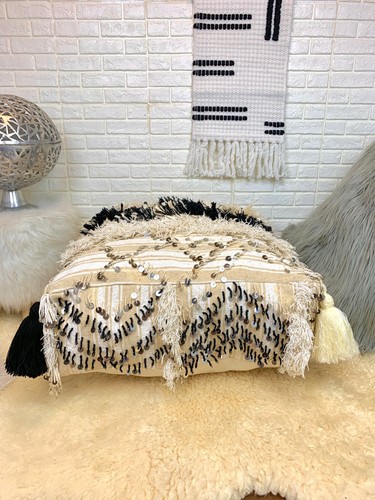 Moroccan Pouf Handira Vintage Berber Wedding Blanket Floor Pillow Sequins - Picture 3 of 12