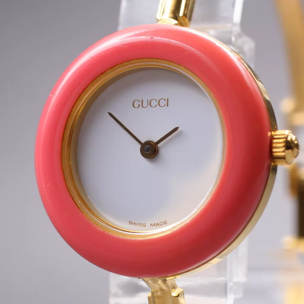 [Presque comme neuve] Montre femme Gucci lunette changeante 11/12,2 lunette dorée rose quartz