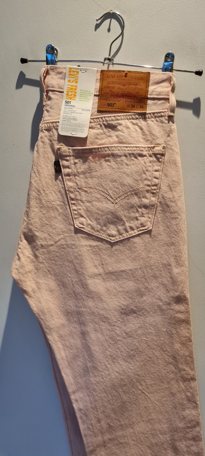 Elegantes jeans de mezclilla rosa pálido nuevos con etiquetas de LEVI'S Fresh 501 - Inspirado en los años 70, W34 L34