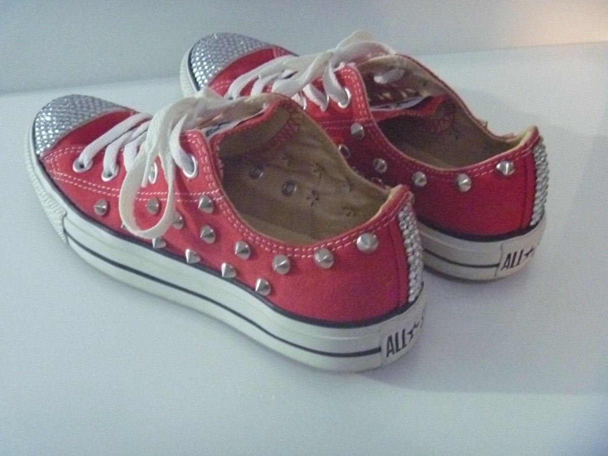 GENUINE WOMENS STUD EMBELLISHED RED CONVERSE CRYSTAL STUDDED LOW BLING PUMP  UK