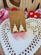 Dangle/drop heart earrings Valentines Day. Pink and white Gnome heart nose.