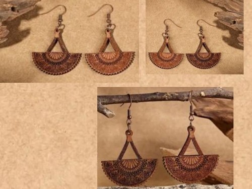 Earrings 925 ECO organic big Wooden Round Hollow Cut Out Boho Retro Dangle Drop - Picture 35 of 89