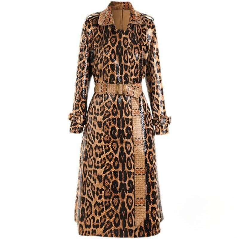 Women's Leopard Print Trench Coats V Neck Belted PU Leather Fall Overcoat Parka