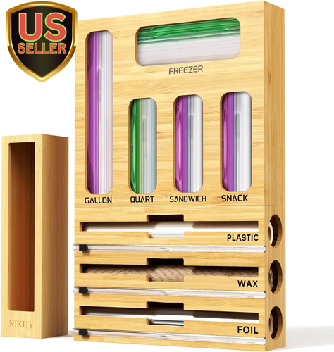 9 in 1 Bamboo Foil and Plastic Wrap Organizer for Kitchen Drawer, Plastic Bag...