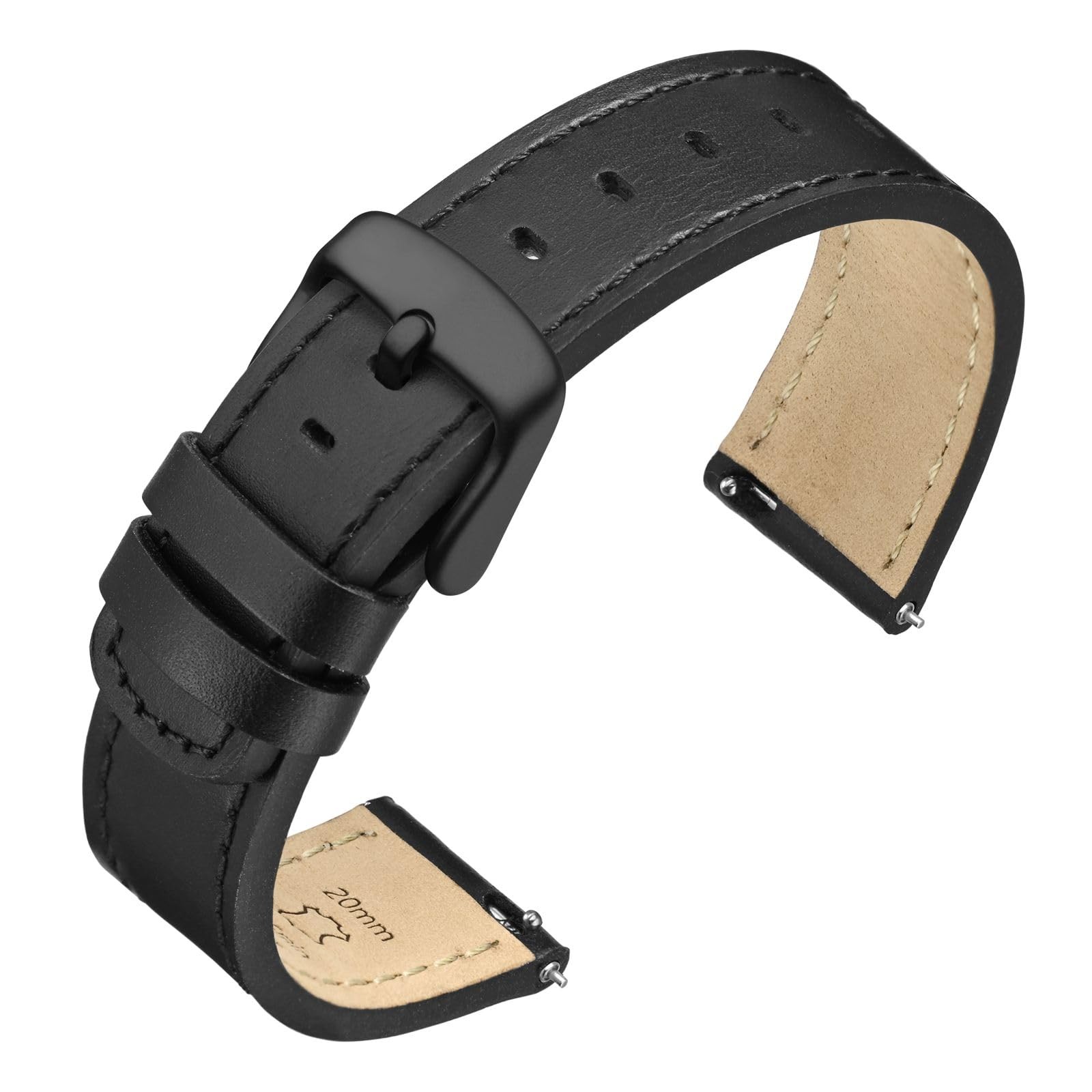 Bracelet montre en cuir véritable 19mm noir avec boucle noire pour homme et femme