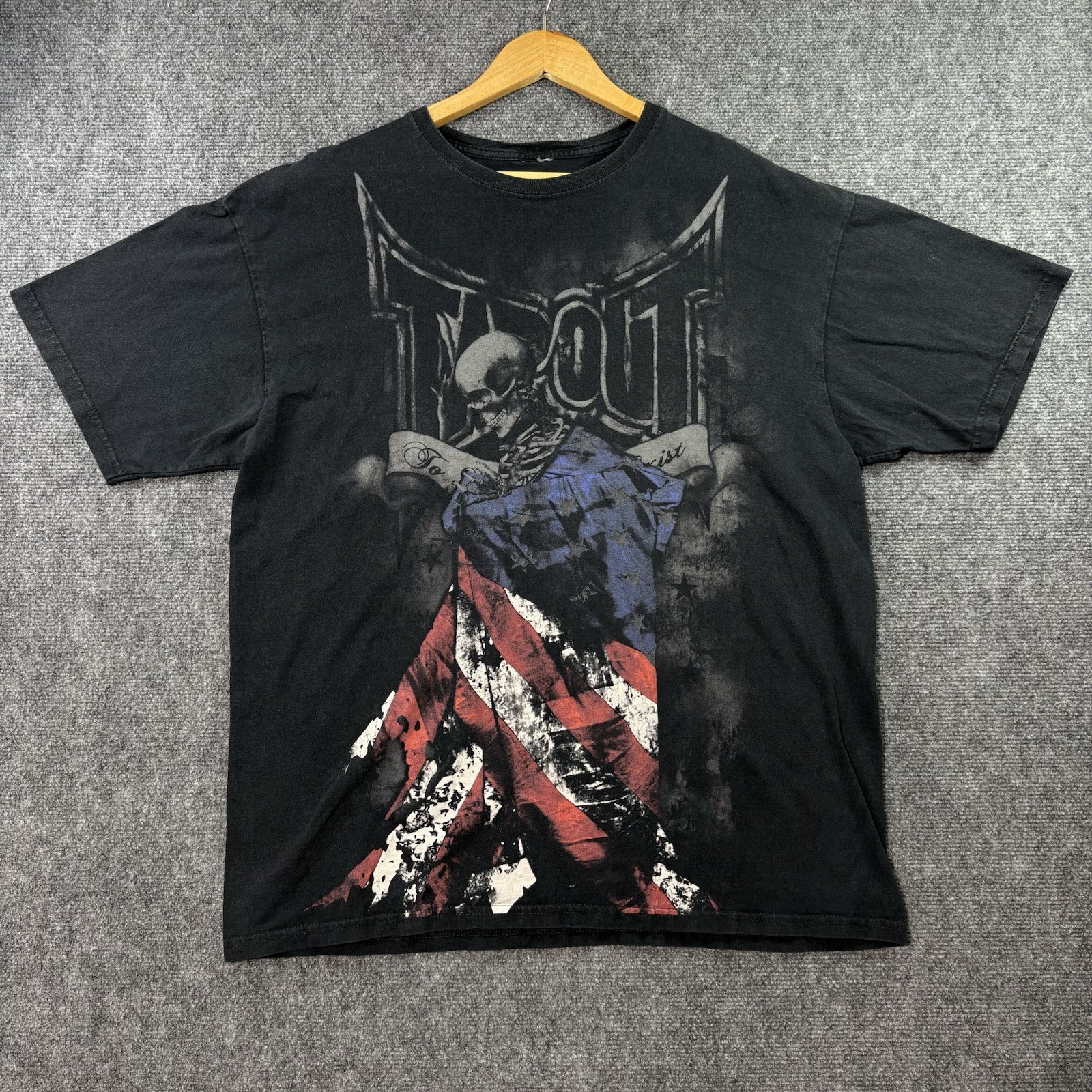 Y2K TAPOUT T-Shirt Men’s XL FADED Black Skull American Flag AOP Double Sided