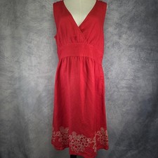 Izod Dress Womens 12 Red Sleeveless Floral Embroidered Linen Blend V Neck Summer