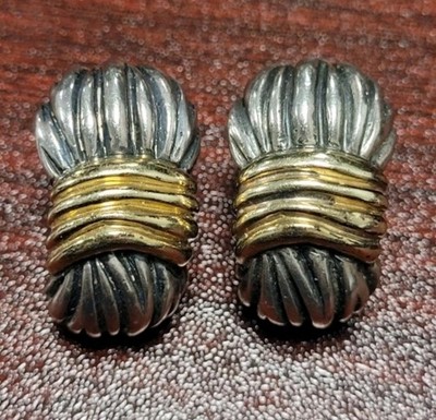 Sterling Silver and 14K Yellow Gold Cable Earrings Signed Gabriel