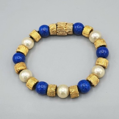 Vintage Ciner Signed Faux Lapis Glass Pearl Bead Gold Plated Bracelet 6.75''