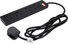 PRO ELEC PELB1706 4 Gang Surge Protected Mains Extension Lead, Black, 2m