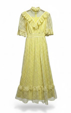 Vintage 70s Yellow Lace Prairie Dress Victorian Peasant Cottage Boho Gown Small