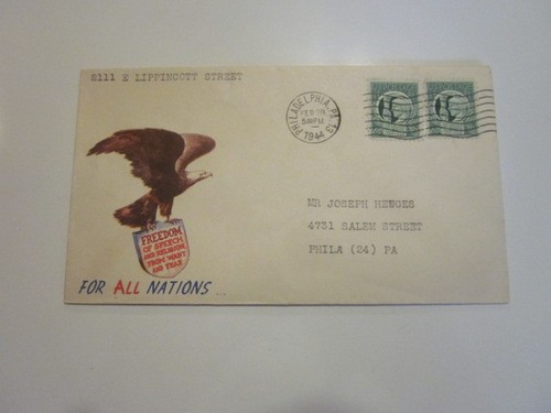 WWII US 1943 PHILADELPHIA PA MINKUS PATRIOTIC CACHET FREEDOM FOR ALL NATIONS