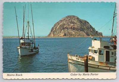 Morro Rock Fishing Boats Morro Bay California Vintage Postcard