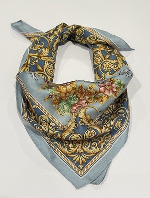 Vintage Lancel Silk Scarf Women Bandana Art Paisley Floral  Blue Square 22.5 